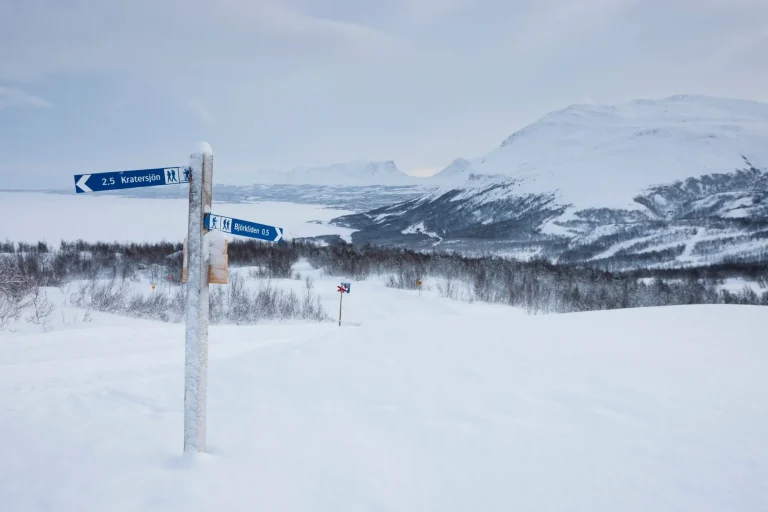 ABISKO, SWEDEN Signs for hikers to Kratersjon and Bjorkliden.
