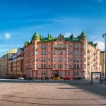 Beautiful architecture in Agricolankatu Street, Kallio district -historical center of Helsinki, Finland. Sunset time