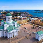 Helsinki cityscape with Lutheran cathedral at Senate square Aerial