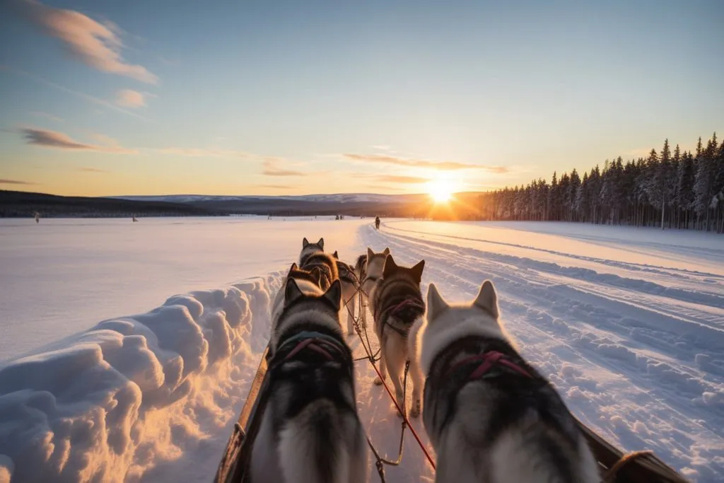 Huskey dogs sledge safari ride at sunset in winter wonderland Levi Lapland Finlad